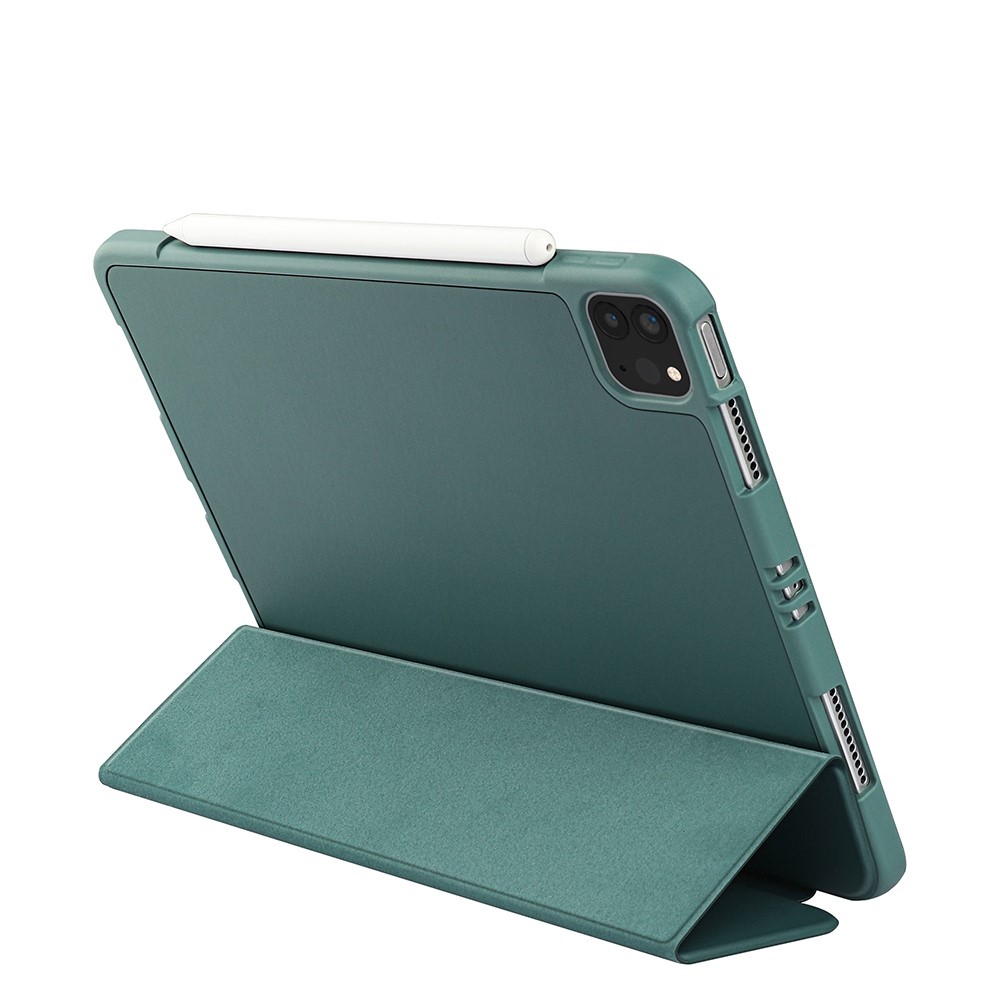 Tri-fold Soft Silicone + TPU Stand Smart Auto Sleep / Wake Cover Avec Porte-crayon Pour Ipad Pro 11 Pouces (2021) / (2020) / (2018) - Vert Foncé