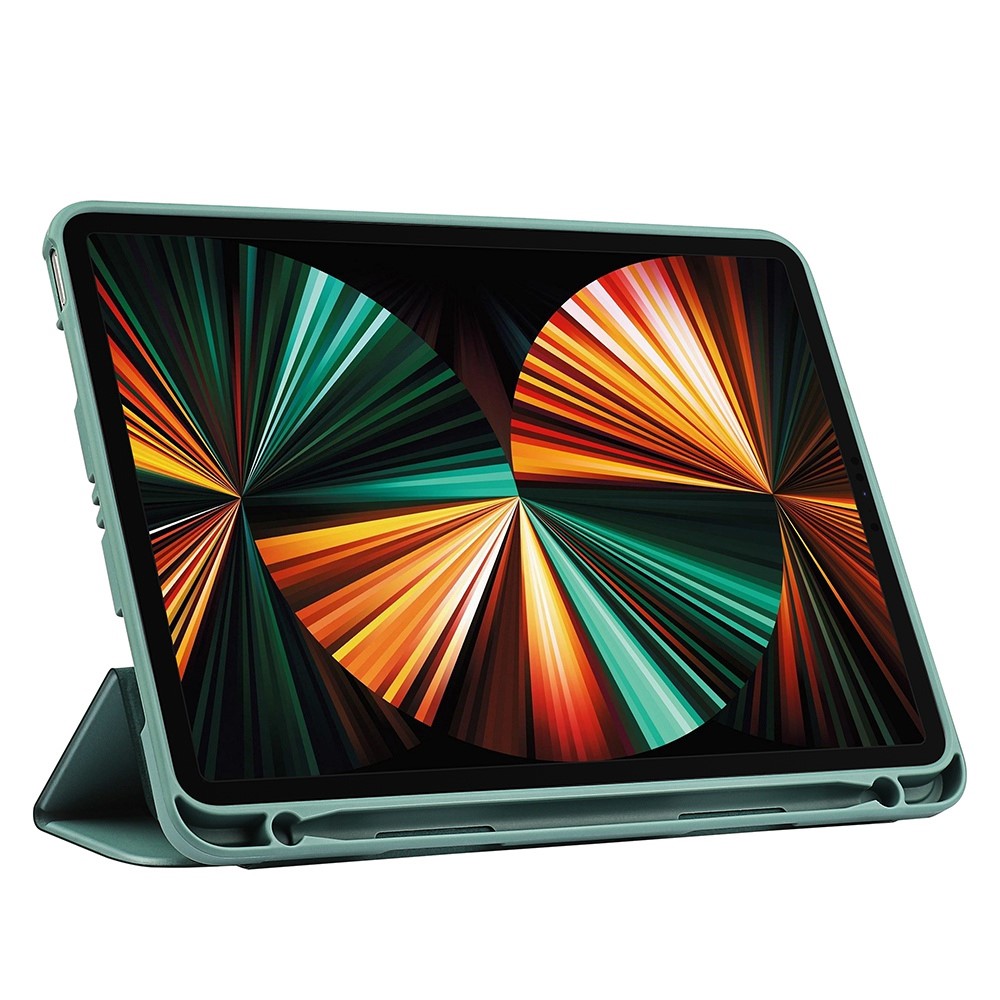 Silicone Macio Com Três Dobras + TPU Stand Smart Auto Sleep /wake Tampa Com Porta-lápis Para Ipad Pro 11 Polegadas (2021) /(2020) /(2018) - Verde Escuro