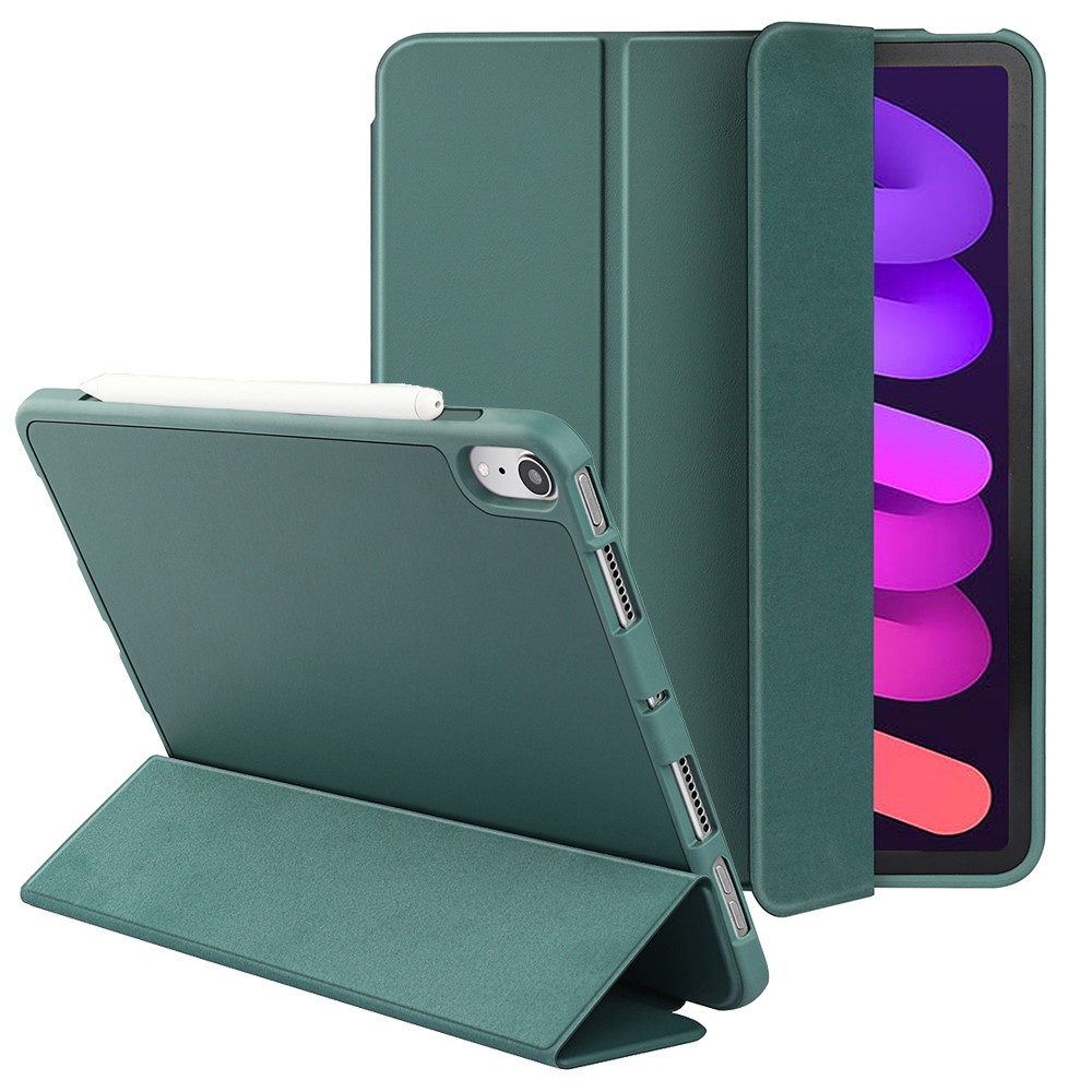 Tri-fold Stand Microfiber Leather + TPU + Silicone Smart Tablet Cover Case for iPad mini (2021) - Dark Green-1