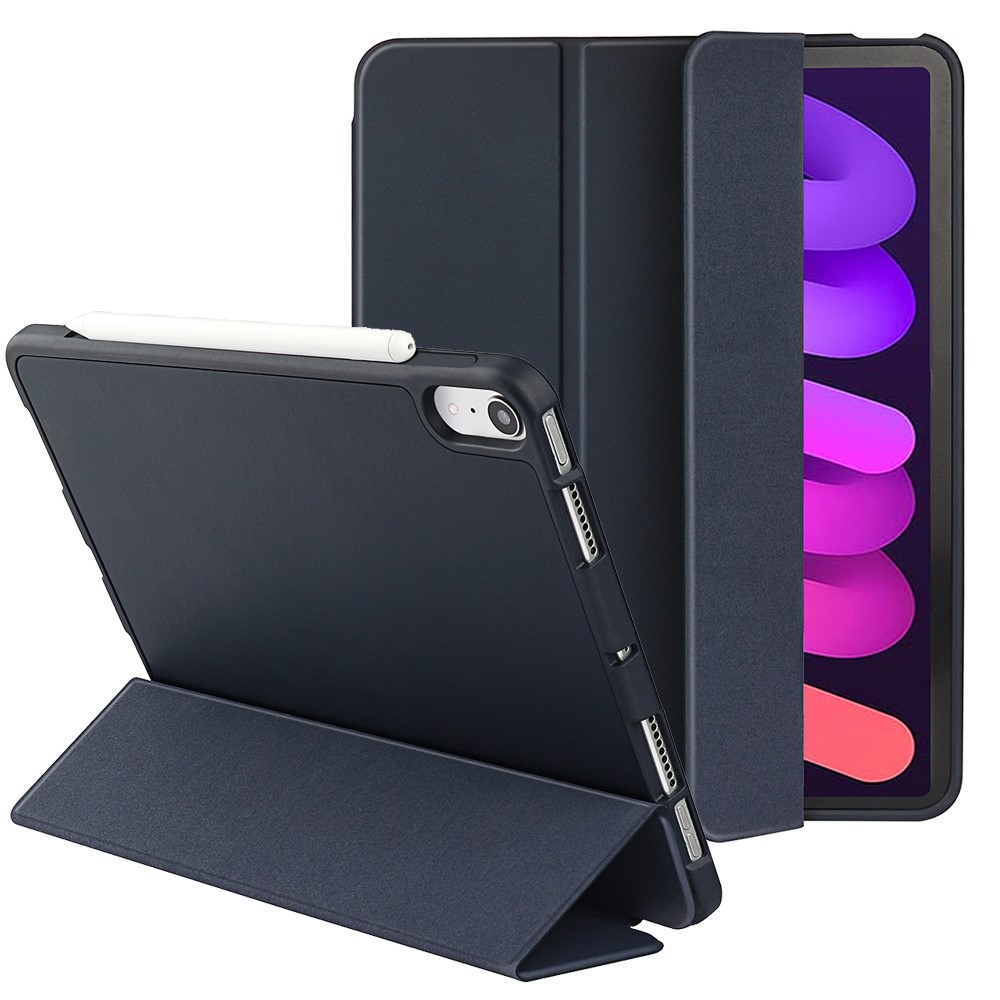 Tri-fold Stand Microfiber Leather + TPU + Silicone Smart Tablet Cover Case for iPad mini (2021) - Dark Blue-1