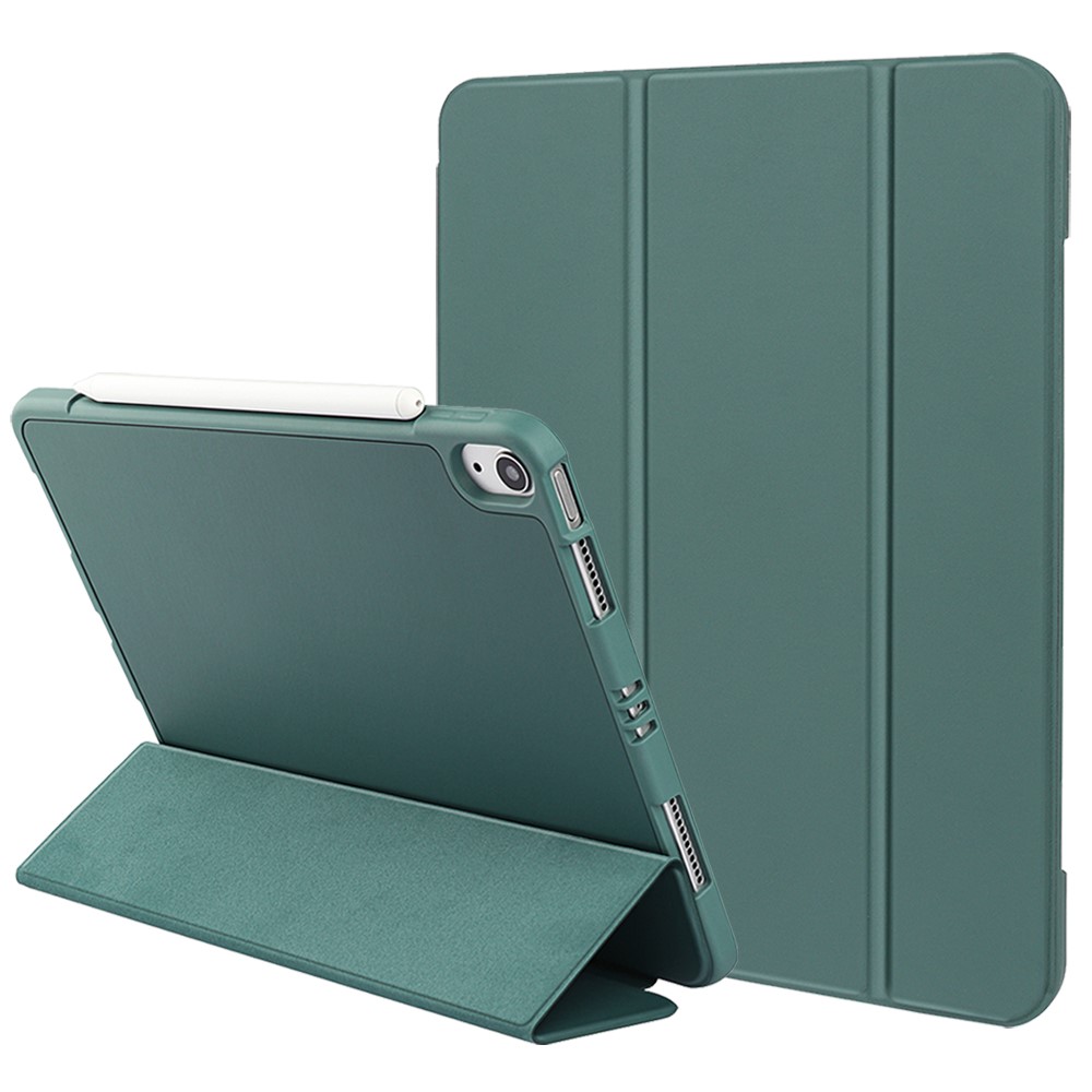 Auto Wake/Sleep Microfiber Leather + TPU + Silicone Tri-fold Stand Tablet Case Shell for iPad Air (2020) - Dark Green-1