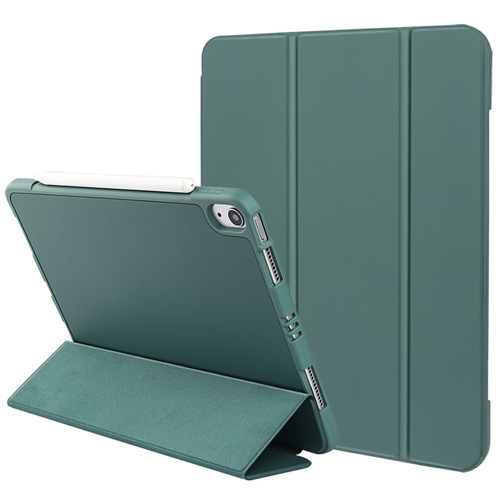 Couir Microfibre Automatique / Sommeil en Cuir + TPU + Silicone Tri Fold Stand Tablet Shell Pour Ipad Air (2020) / Air (2022) - Vert Foncé