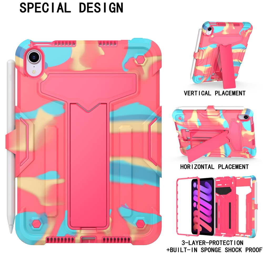 T-shaped Kickstand Design Anti-fall PC + Silicone Tablet Case Protector for iPad mini (2021) - Camouflage/Rose-2