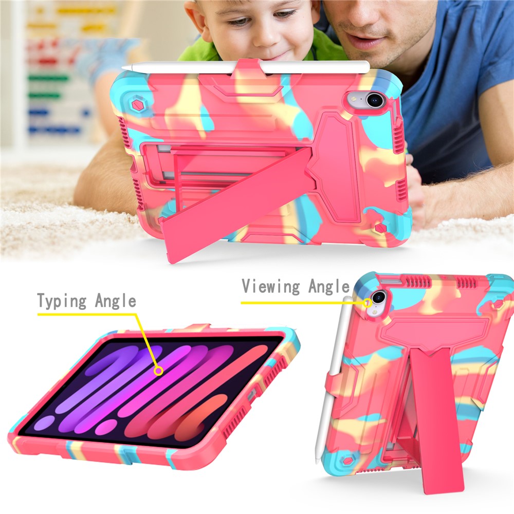 T-shaped Kickstand Design Anti-fall PC + Silicone Tablet Case Protector for iPad mini (2021) - Camouflage/Rose-4