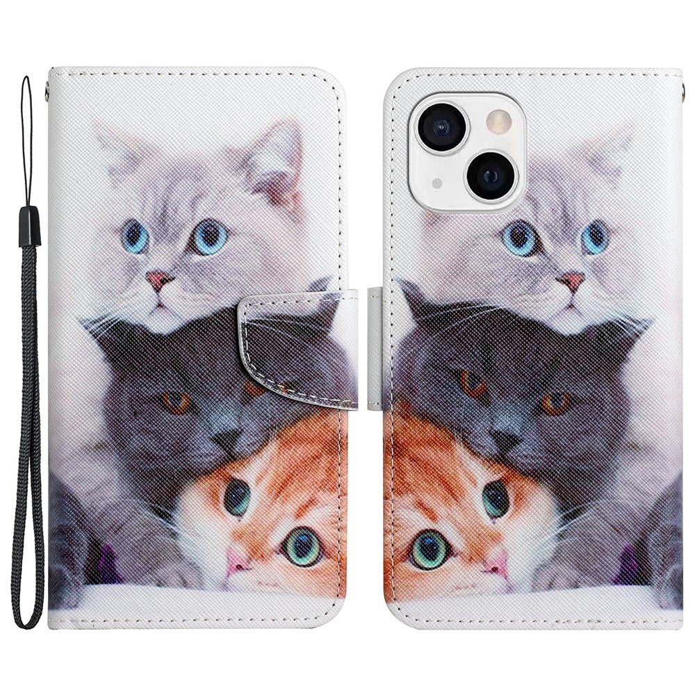 Pattern Printing Wallet Stand Design Magnetic Clasp PU Leather Phone Cover Flip Case for iPhone 13 mini 5.4 inch - Three Cats-1
