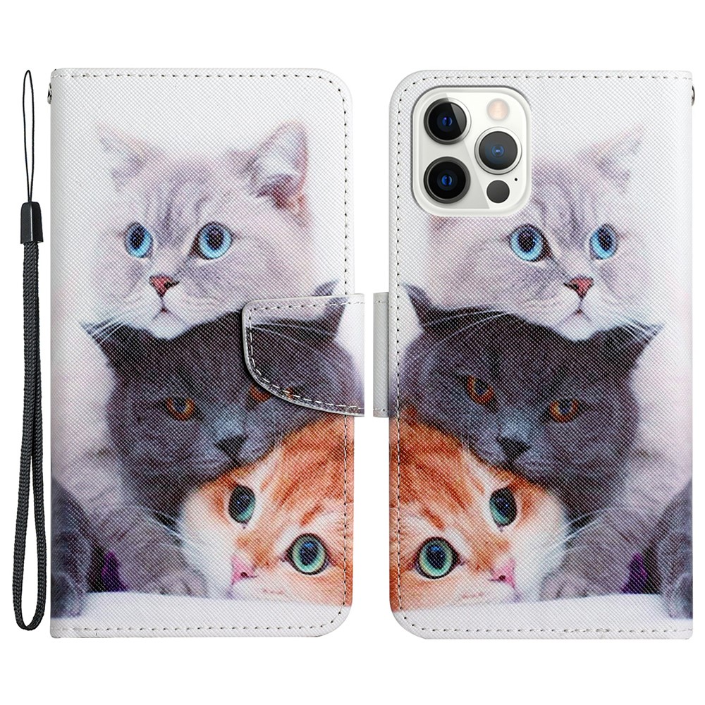 Pattern Printing Full Protection PU Leather Phone Stand Case Wallet Cover with Wrist Strap for iPhone 13 Pro 6.1 inch - Three Cats-1