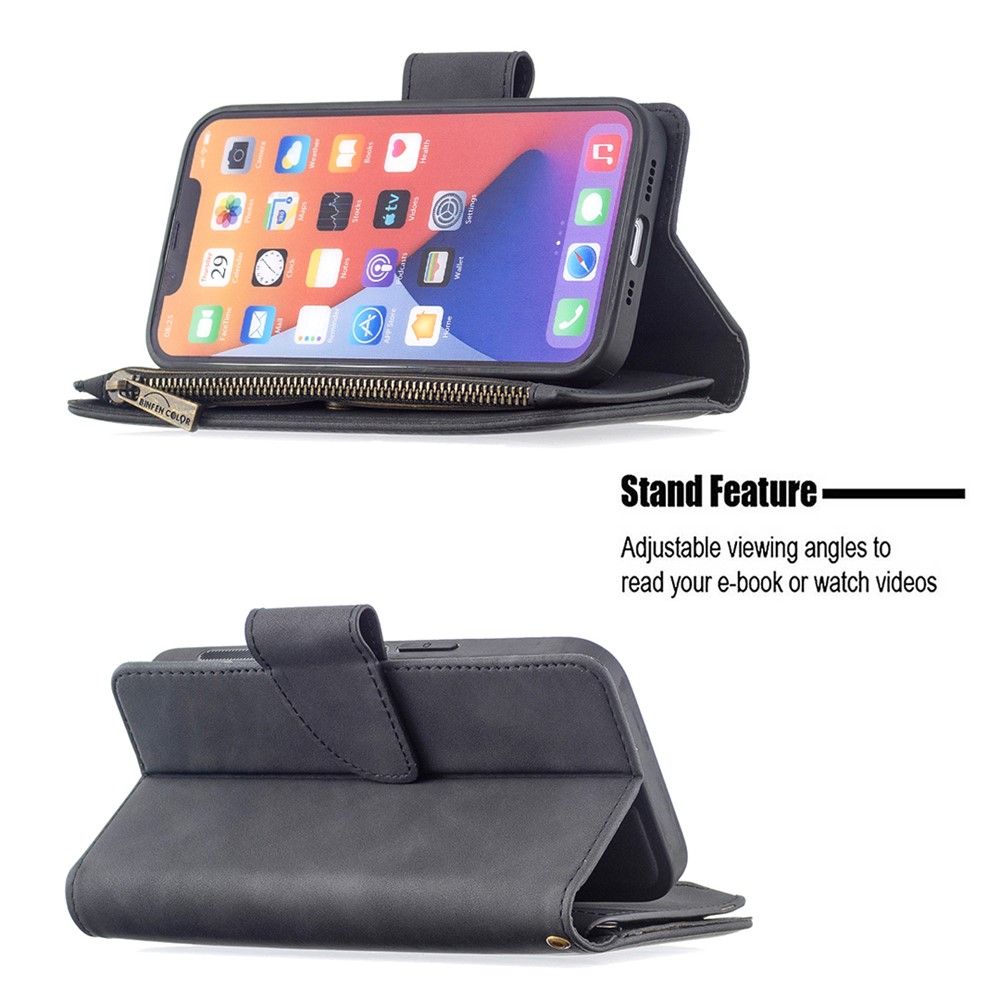 BF02 Detachable 2-in-1 Zipper Pocket Design Leather Wallet Stand Case Phone Protector Cover for iPhone 13 6.1 inch - Black-4
