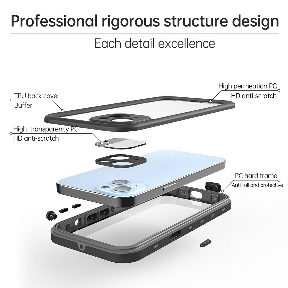 REDPEPPER Dot+ Series IP68 Waterproof IP6X Dustproof Drop-Proof Transparent Back Phone Case for iPhone 13 6.1 inch - Dark Grey-10