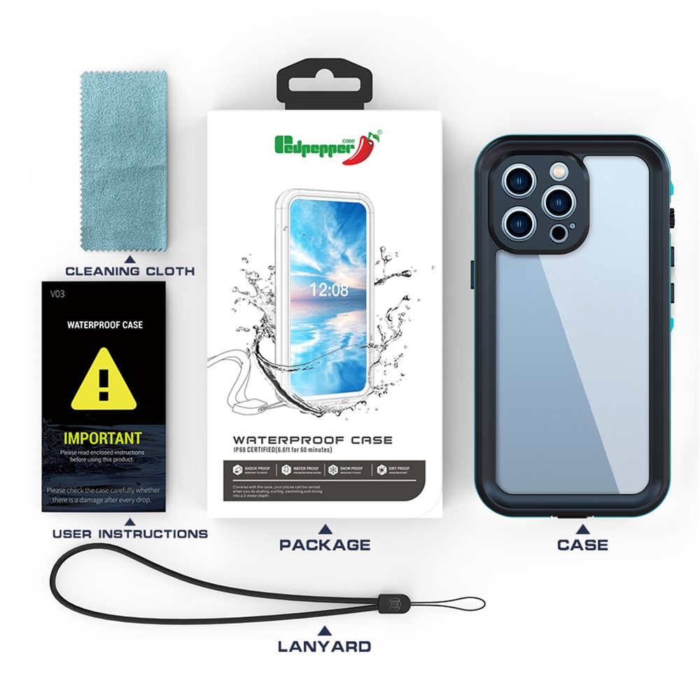 REDPEPPER Dot+ Series Anti-Fall Transparent Back IP68 Waterproof IP6X Dustproof Hybrid Phone Case for iPhone 13 Pro 6.1 inch - Blue-7