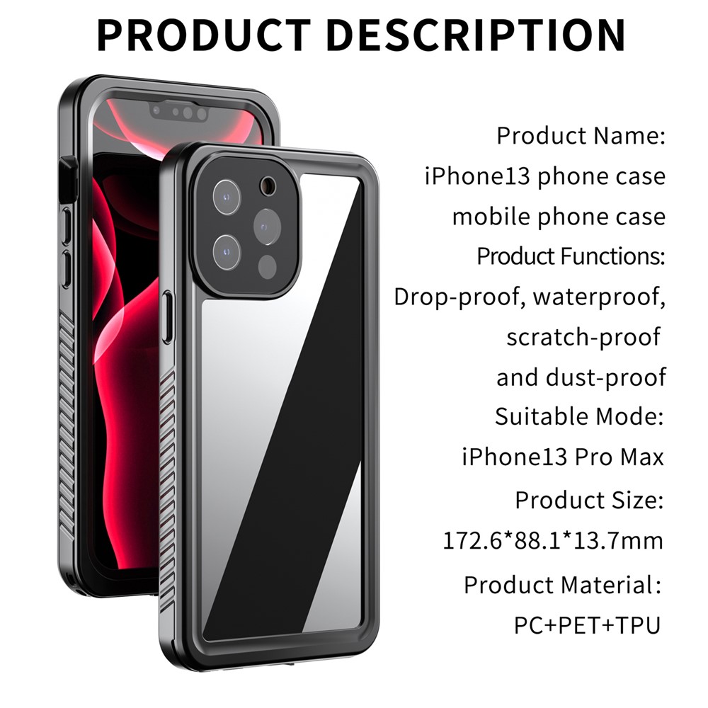 SHELLBOX IP68 Waterproof IP6X Anti-dust Transparent Back TPU+PC+PET Hybrid Phone Case for iPhone 13 Pro Max 6.7 inch-8