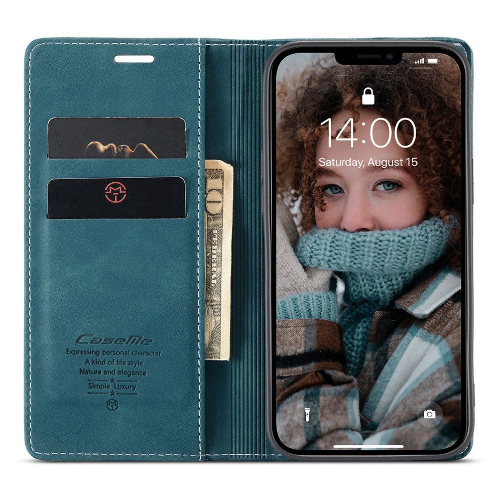 Caseme 013 Série Portefeuille Anti-goutte Magnétique Auto-absorbé Par Le Cuir PU Flip Téléphone De Téléphone Folio Avec Support Pour IPhone 13 6,1 Pouces - Bleu