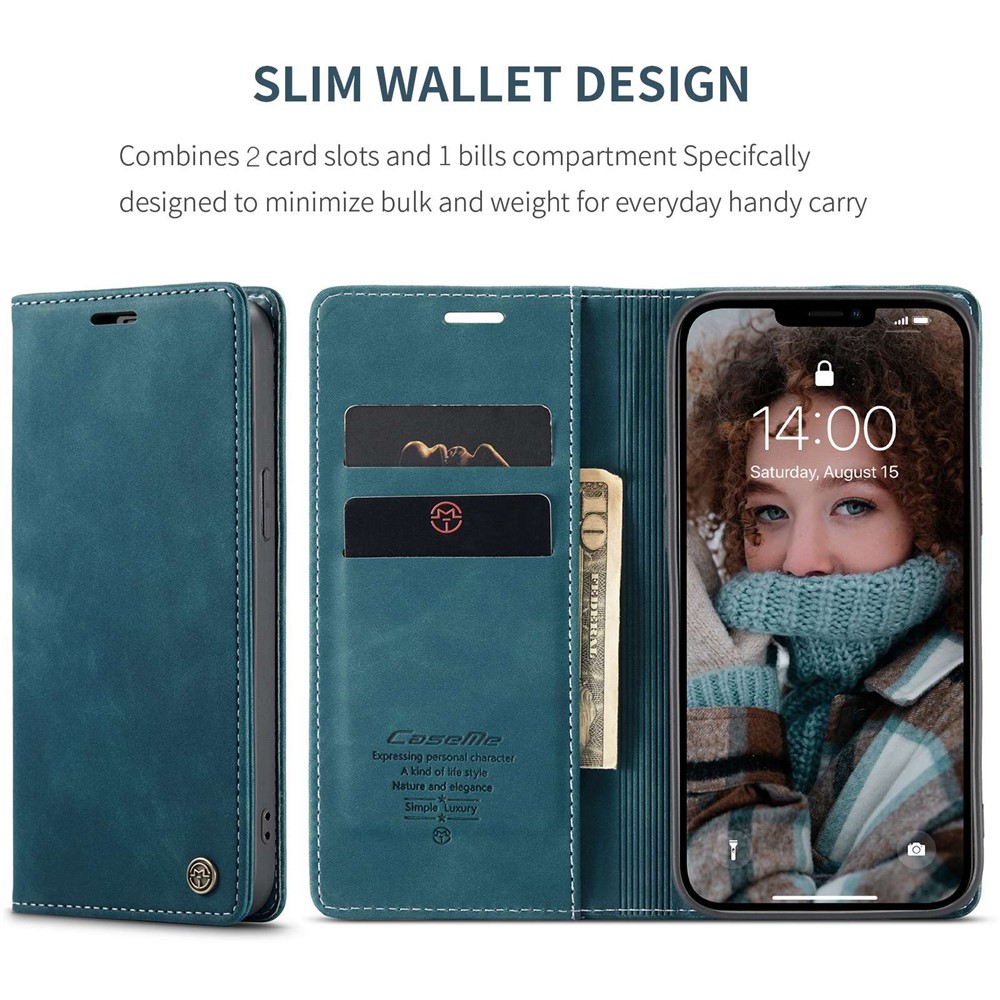 CaseM 013 Série Wallet Design Anti-gota Magnética Auto-absorvida PU Couro Flip Folio Phone Case Com Suporte Para Iphone 13 6.1 Polegadas - Azul