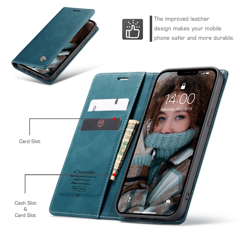 Caseme 013 Série Portefeuille Anti-goutte Magnétique Auto-absorbé Par Le Cuir PU Flip Téléphone De Téléphone Folio Avec Support Pour IPhone 13 6,1 Pouces - Bleu