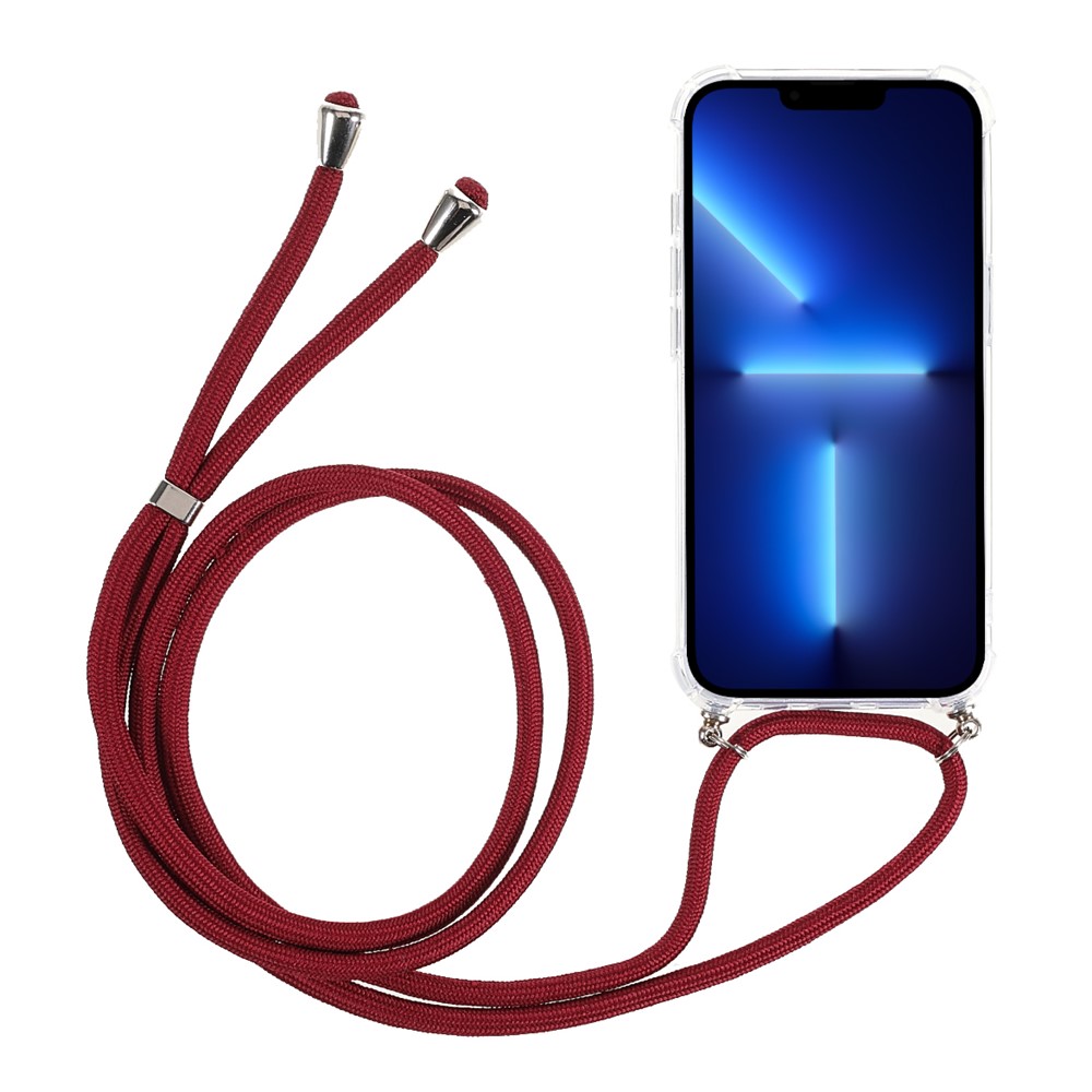 Acrylic Back Panel + TPU Bumper Crystal Clear Protective Phone Case Cover with Lanyard for iPhone 13 Pro 6.1 inch - Jujube Red-2