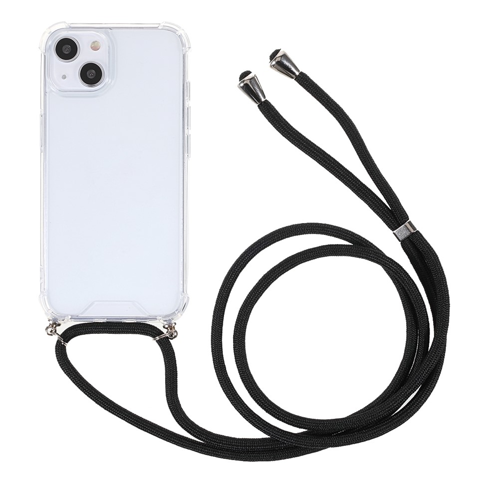 Thickened Four Corners Anti-fall Acrylic Back Cover + TPU Frame Phone Shell Case with Adjustable Lanyard for iPhone 13 mini 5.4 inch - Black-1