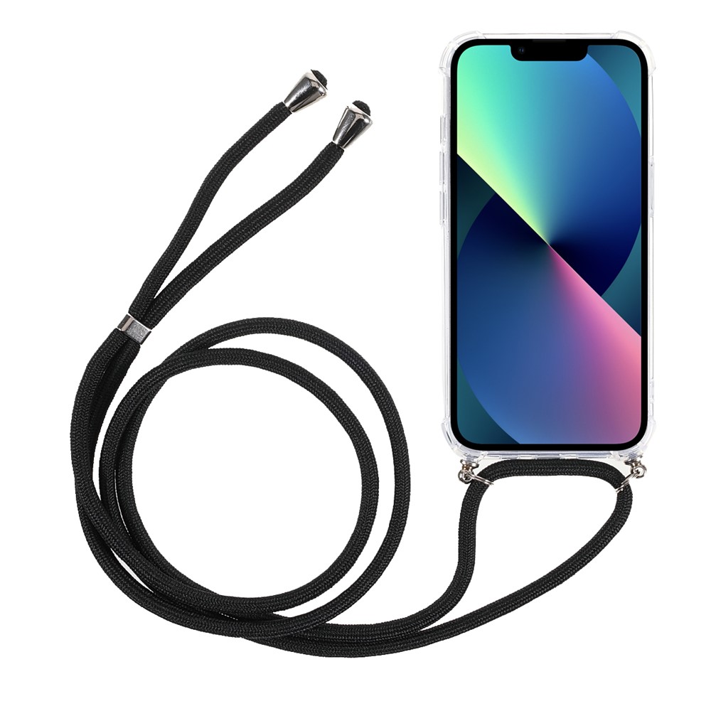 Thickened Four Corners Anti-fall Acrylic Back Cover + TPU Frame Phone Shell Case with Adjustable Lanyard for iPhone 13 mini 5.4 inch - Black-2
