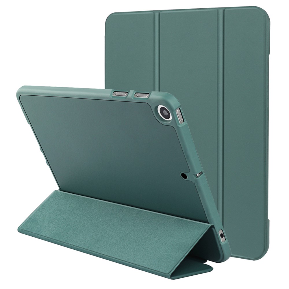 For iPad 10.2 (2020) / (2019) / (2021) Tri-fold Stand Protective Case Microfiber Leather + TPU + Silicone Auto Wake / Sleep Tablet Shell with Pen Slot - Dark Green
