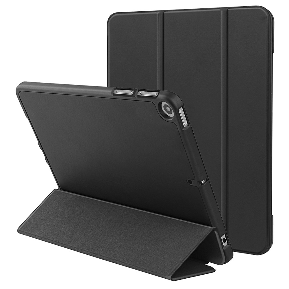 For iPad 10.2 (2020) / (2019) / (2021) Tri-fold Stand Protective Case Microfiber Leather + TPU + Silicone Auto Wake / Sleep Tablet Shell with Pen Slot - Black