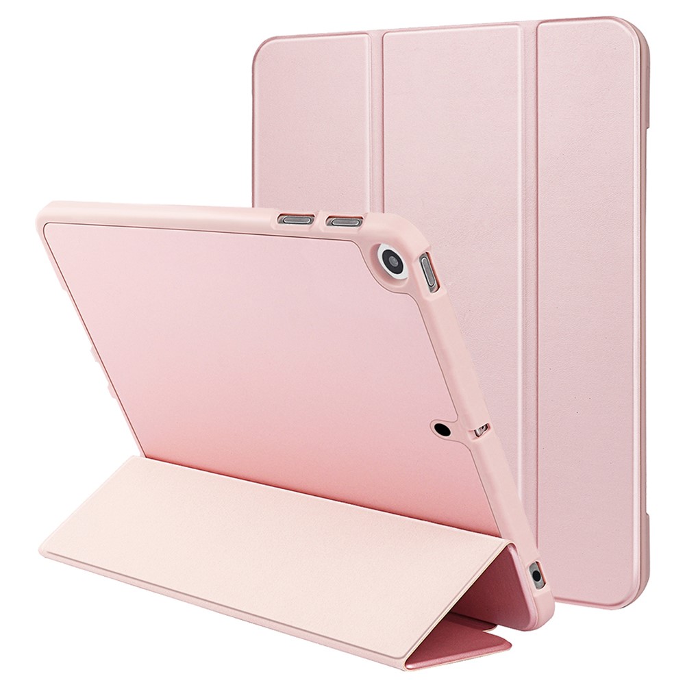 For iPad 10.2 (2020) / (2019) / (2021) Tri-fold Stand Protective Case Microfiber Leather + TPU + Silicone Auto Wake / Sleep Tablet Shell with Pen Slot - Pink