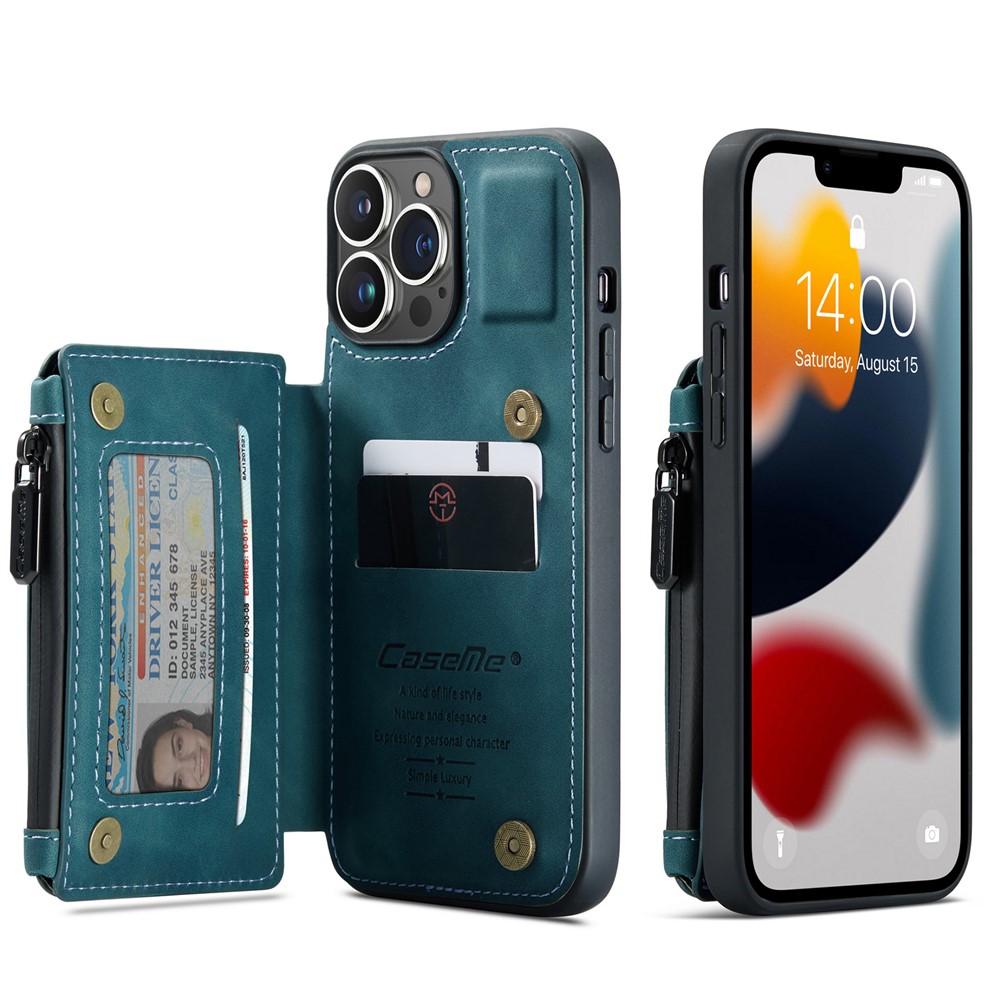 CASEME C20 Series Scratch Resistant Shockproof Phone Cover Zipper Pocket Card Slots Wallet Design PU Leather and TPU Back Case for iPhone 13 Pro Max 6.7 inch - Blue-1