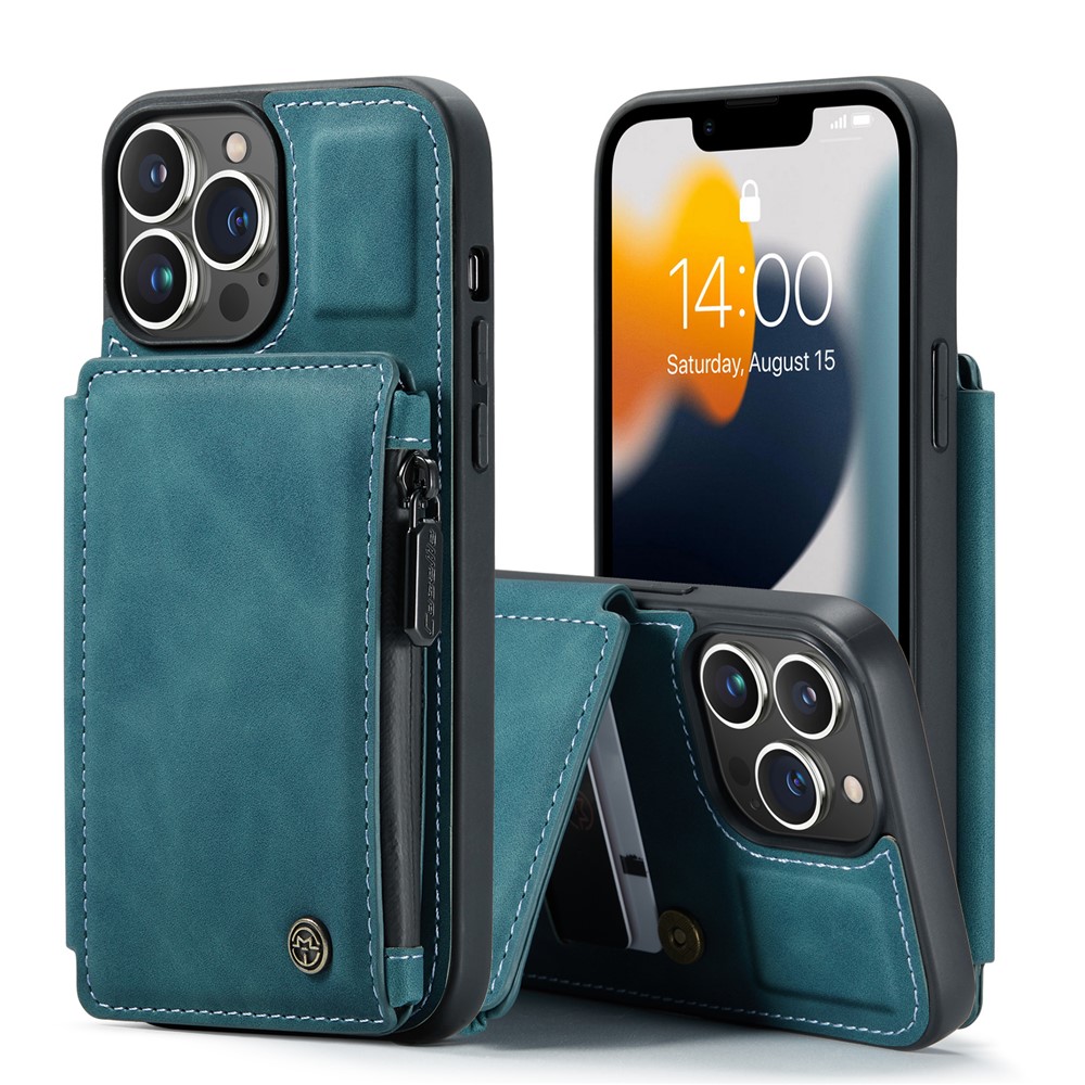 CASEME C20 Series Scratch Resistant Shockproof Phone Cover Zipper Pocket Card Slots Wallet Design PU Leather and TPU Back Case for iPhone 13 Pro Max 6.7 inch - Blue-10
