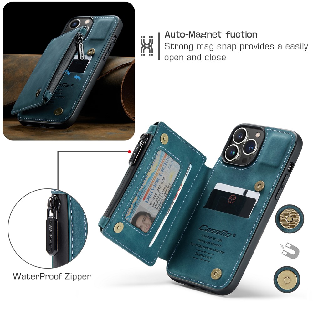 CASEME C20 Series Scratch Resistant Shockproof Phone Cover Zipper Pocket Card Slots Wallet Design PU Leather and TPU Back Case for iPhone 13 Pro Max 6.7 inch - Blue-3