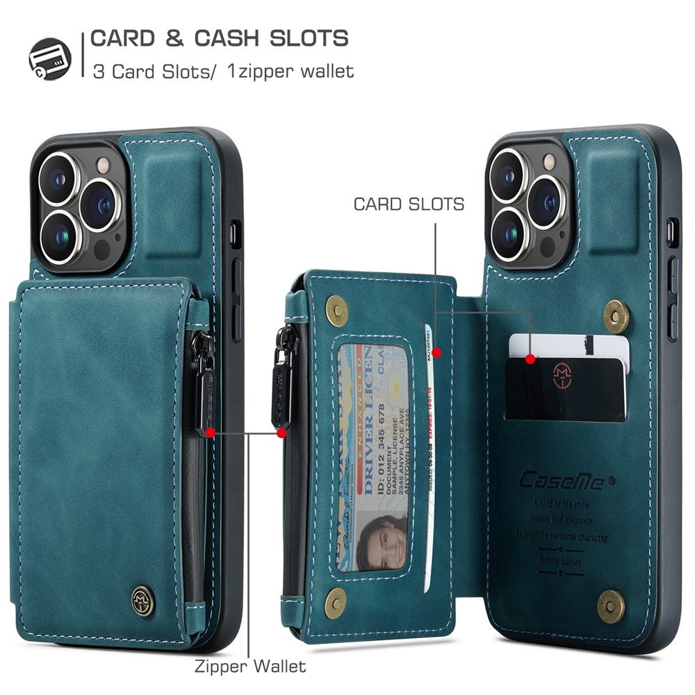 CASEME C20 Series Scratch Resistant Shockproof Phone Cover Zipper Pocket Card Slots Wallet Design PU Leather and TPU Back Case for iPhone 13 Pro Max 6.7 inch - Blue-4