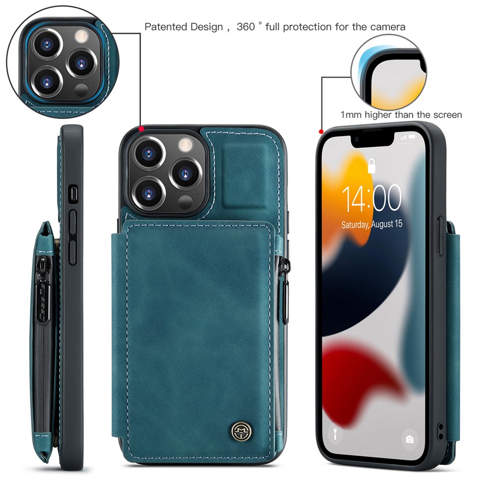 CASEME C20 Series Scratch Resistant Shockproof Phone Cover Zipper Pocket Card Slots Wallet Design PU Leather and TPU Back Case for iPhone 13 Pro Max 6.7 inch - Blue-8
