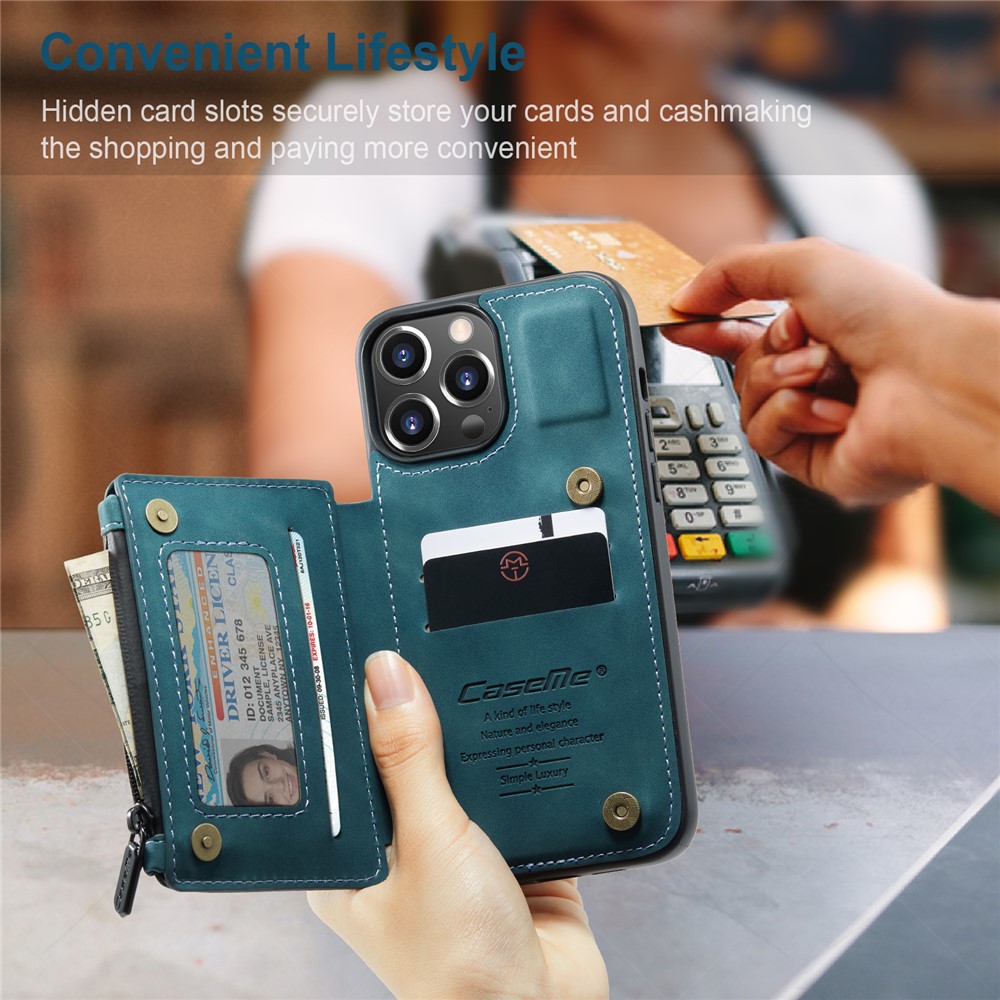 CASEME C20 Series Scratch Resistant Shockproof Phone Cover Zipper Pocket Card Slots Wallet Design PU Leather and TPU Back Case for iPhone 13 Pro Max 6.7 inch - Blue-9