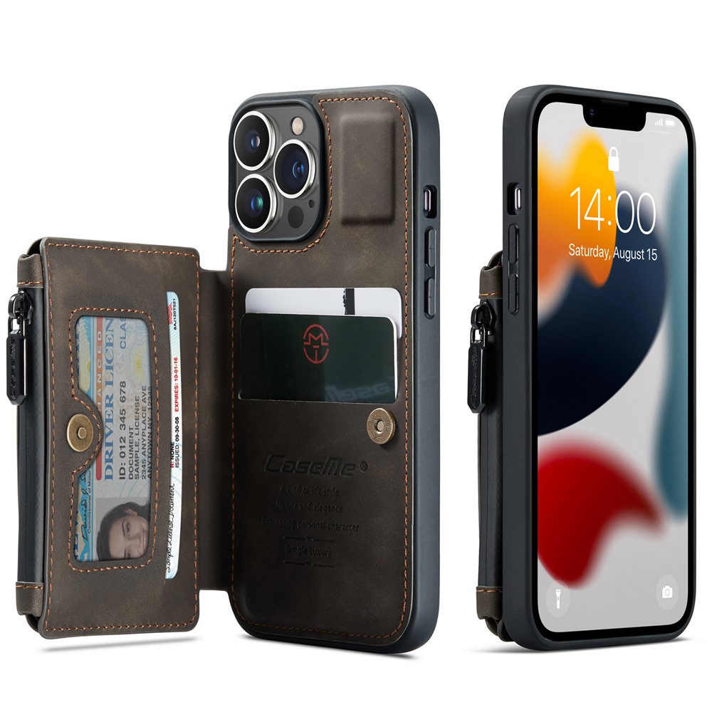 CASEME C20 Series For iPhone 13 Pro 6.1 inch Zipper Pocket Wallet Phone Cover Card Slots Quality PU Leather and TPU Case with Kickstand - Coffee-1
