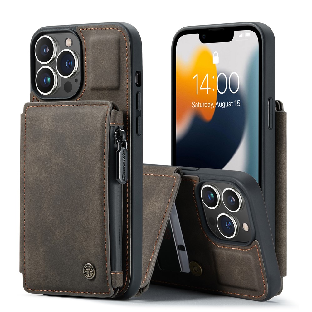 CASEME C20 Series For iPhone 13 Pro 6.1 inch Zipper Pocket Wallet Phone Cover Card Slots Quality PU Leather and TPU Case with Kickstand - Coffee-10