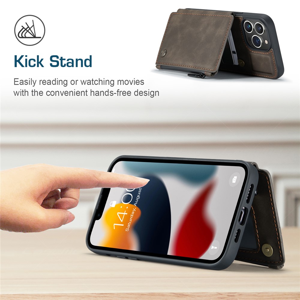 CASEME C20 Series For iPhone 13 Pro 6.1 inch Zipper Pocket Wallet Phone Cover Card Slots Quality PU Leather and TPU Case with Kickstand - Coffee-2