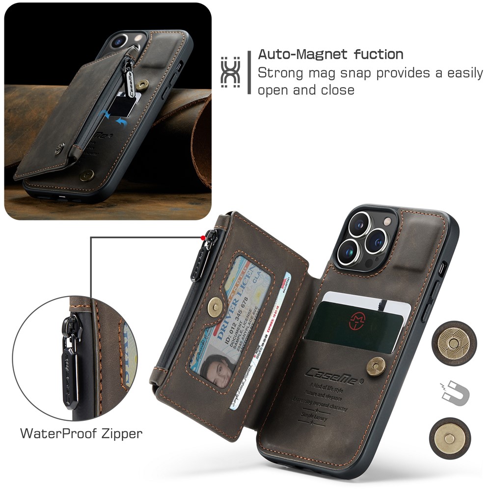 CASEME C20 Series For iPhone 13 Pro 6.1 inch Zipper Pocket Wallet Phone Cover Card Slots Quality PU Leather and TPU Case with Kickstand - Coffee-3