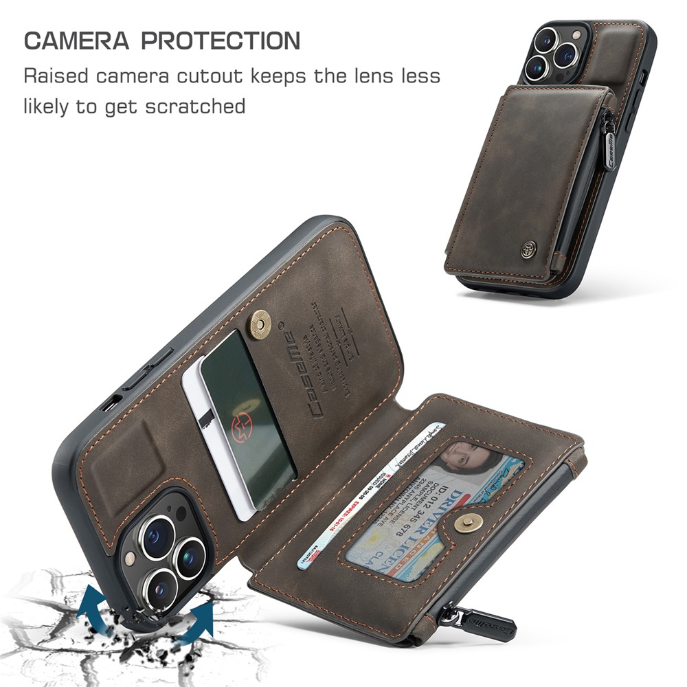 CASEME C20 Series For iPhone 13 Pro 6.1 inch Zipper Pocket Wallet Phone Cover Card Slots Quality PU Leather and TPU Case with Kickstand - Coffee-5