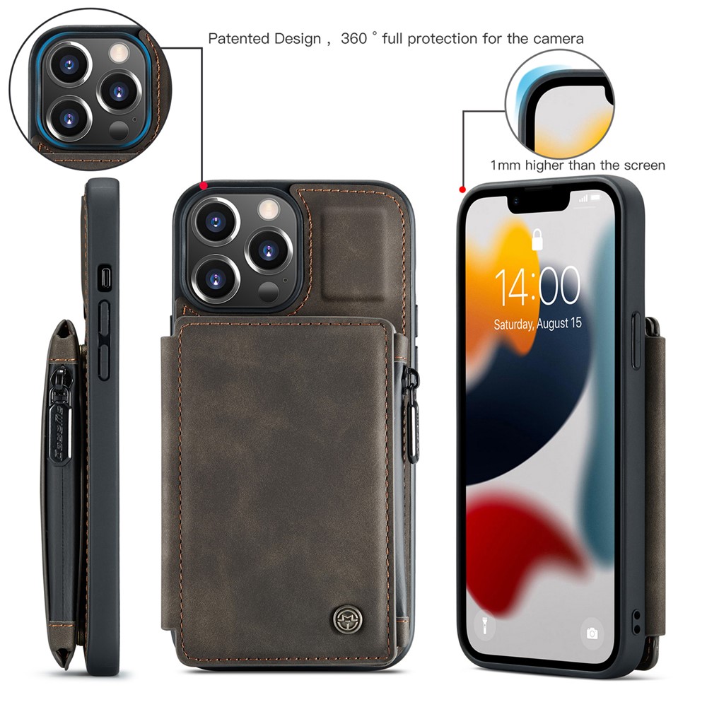 CASEME C20 Series For iPhone 13 Pro 6.1 inch Zipper Pocket Wallet Phone Cover Card Slots Quality PU Leather and TPU Case with Kickstand - Coffee-7