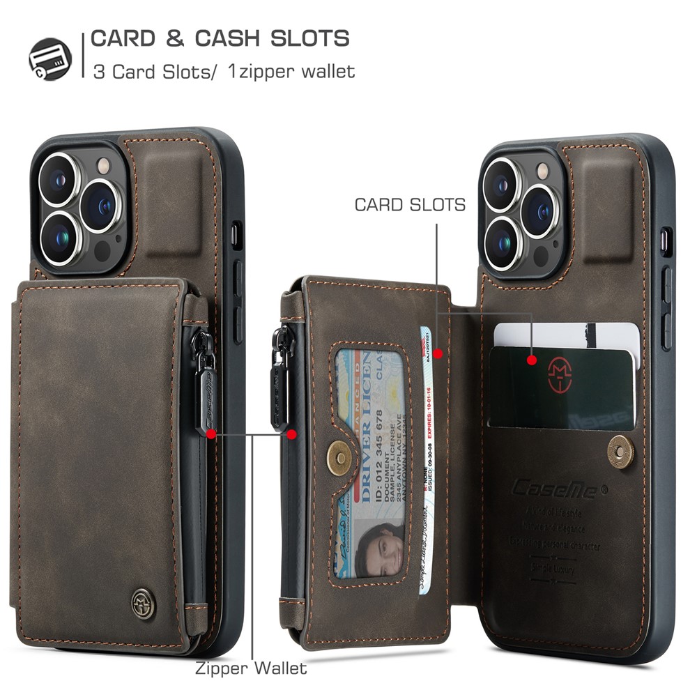 CASEME C20 Series For iPhone 13 Pro 6.1 inch Zipper Pocket Wallet Phone Cover Card Slots Quality PU Leather and TPU Case with Kickstand - Coffee-8