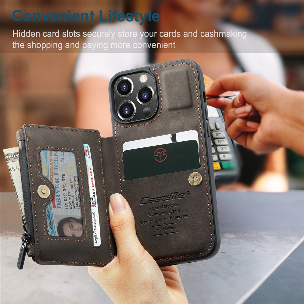 CASEME C20 Series For iPhone 13 Pro 6.1 inch Zipper Pocket Wallet Phone Cover Card Slots Quality PU Leather and TPU Case with Kickstand - Coffee-9