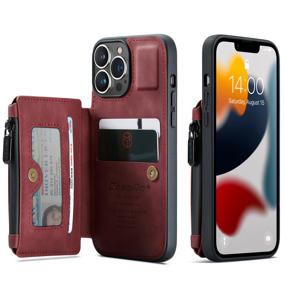 CASEME C20 Series For iPhone 13 Pro 6.1 inch Zipper Pocket Wallet Phone Cover Card Slots Quality PU Leather and TPU Case with Kickstand - Red-1
