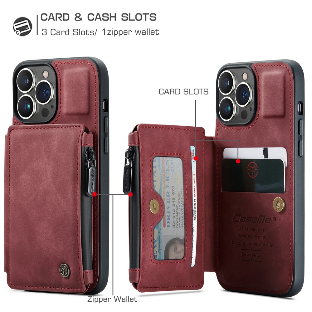 CASEME C20 Series For iPhone 13 Pro 6.1 inch Zipper Pocket Wallet Phone Cover Card Slots Quality PU Leather and TPU Case with Kickstand - Red-4