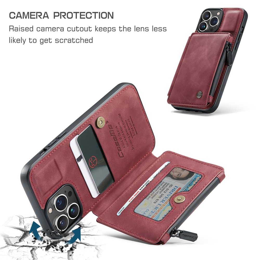 CASEME C20 Series For iPhone 13 Pro 6.1 inch Zipper Pocket Wallet Phone Cover Card Slots Quality PU Leather and TPU Case with Kickstand - Red-6