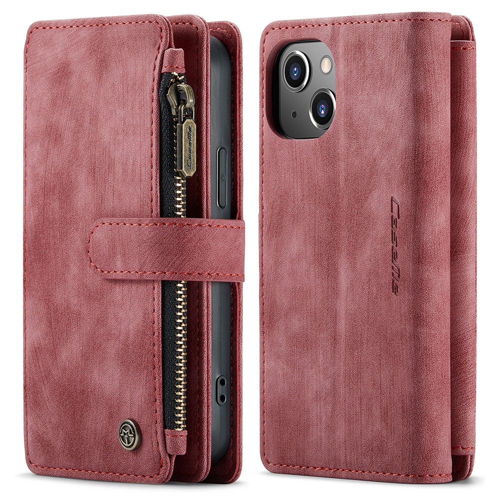 For iPhone 13 mini Phone Cases with Strap CASEME C30 Zipper Multiple Card Holder PU Leather Cover - Red