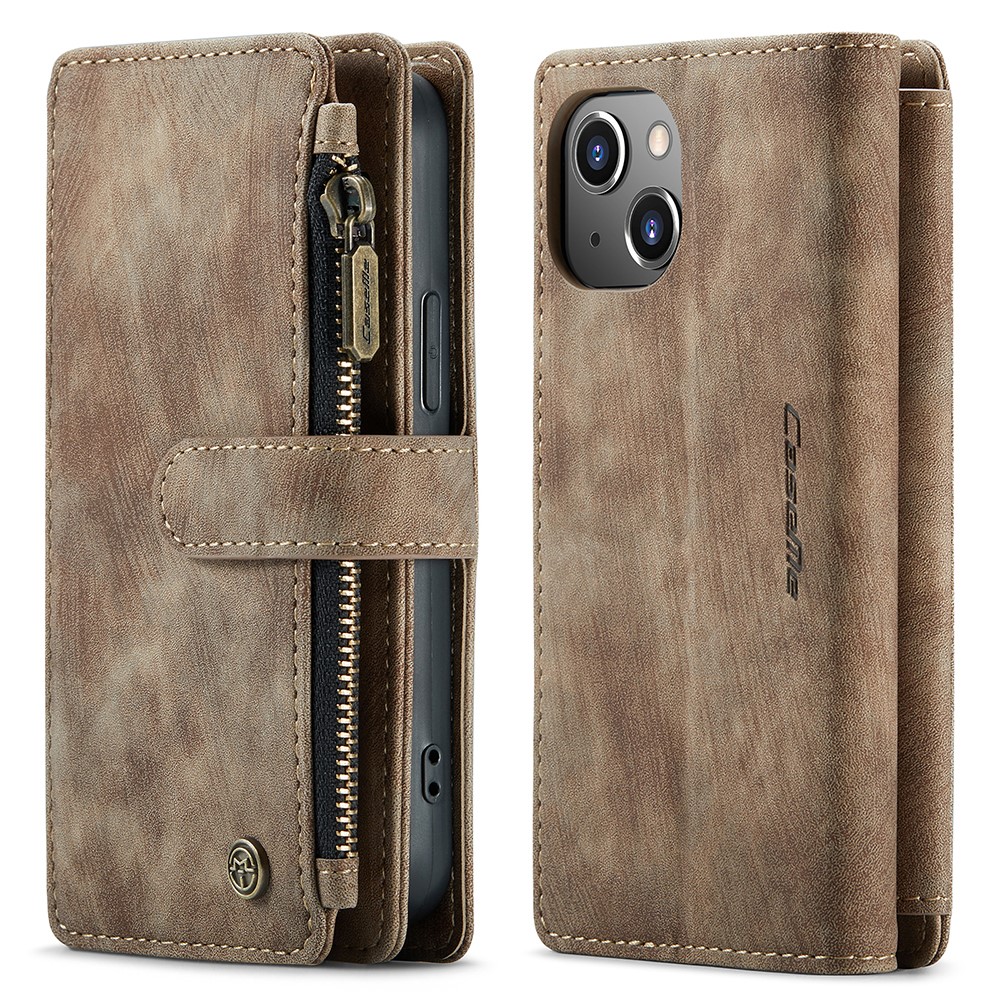 For iPhone 13 mini Phone Cases with Strap CASEME C30 Zipper Multiple Card Holder PU Leather Cover - Brown