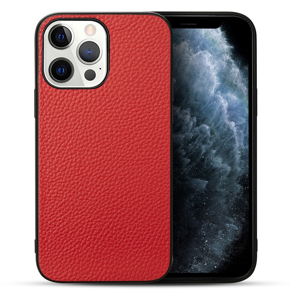 Drop-proof Litchi Texture Genuine Leather + TPU Case Cellphone Shell for iPhone 13 Pro Max 6.7 inch - Red-2