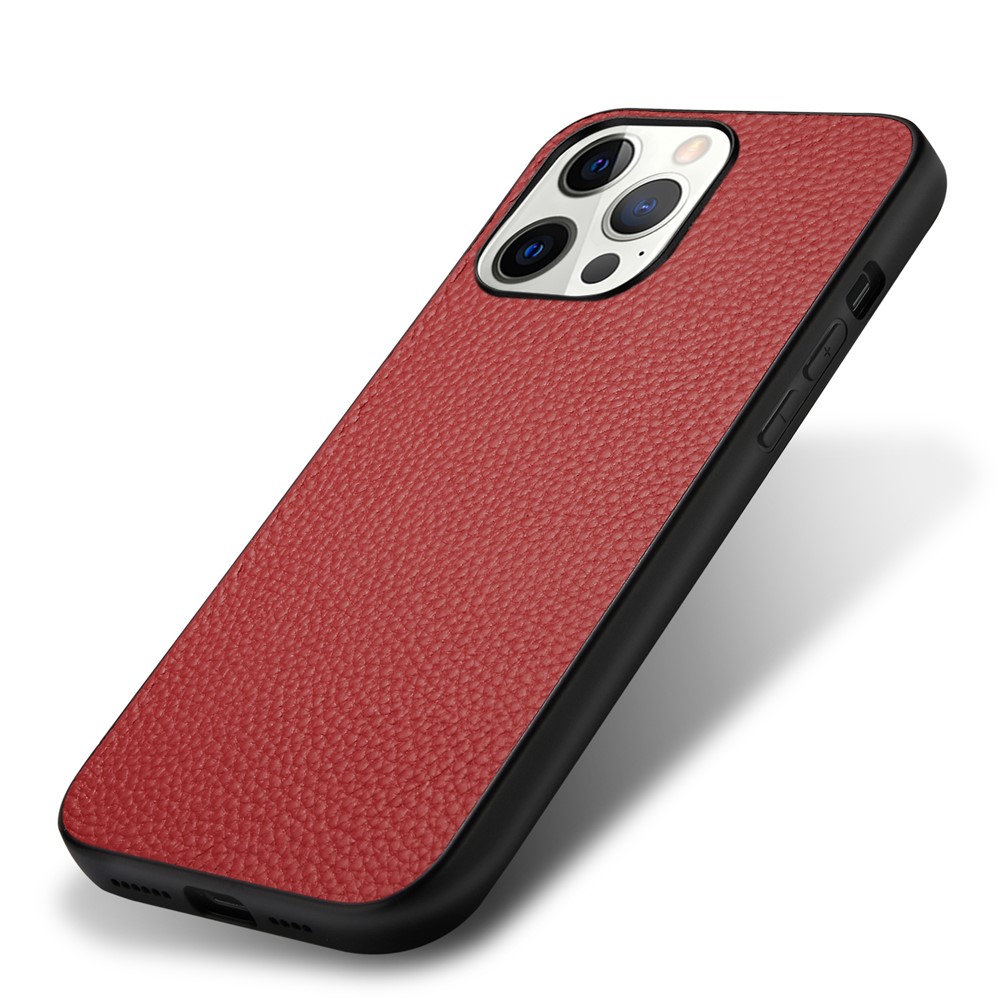 Drop-proof Litchi Texture Genuine Leather + TPU Case Cellphone Shell for iPhone 13 Pro Max 6.7 inch - Red-3