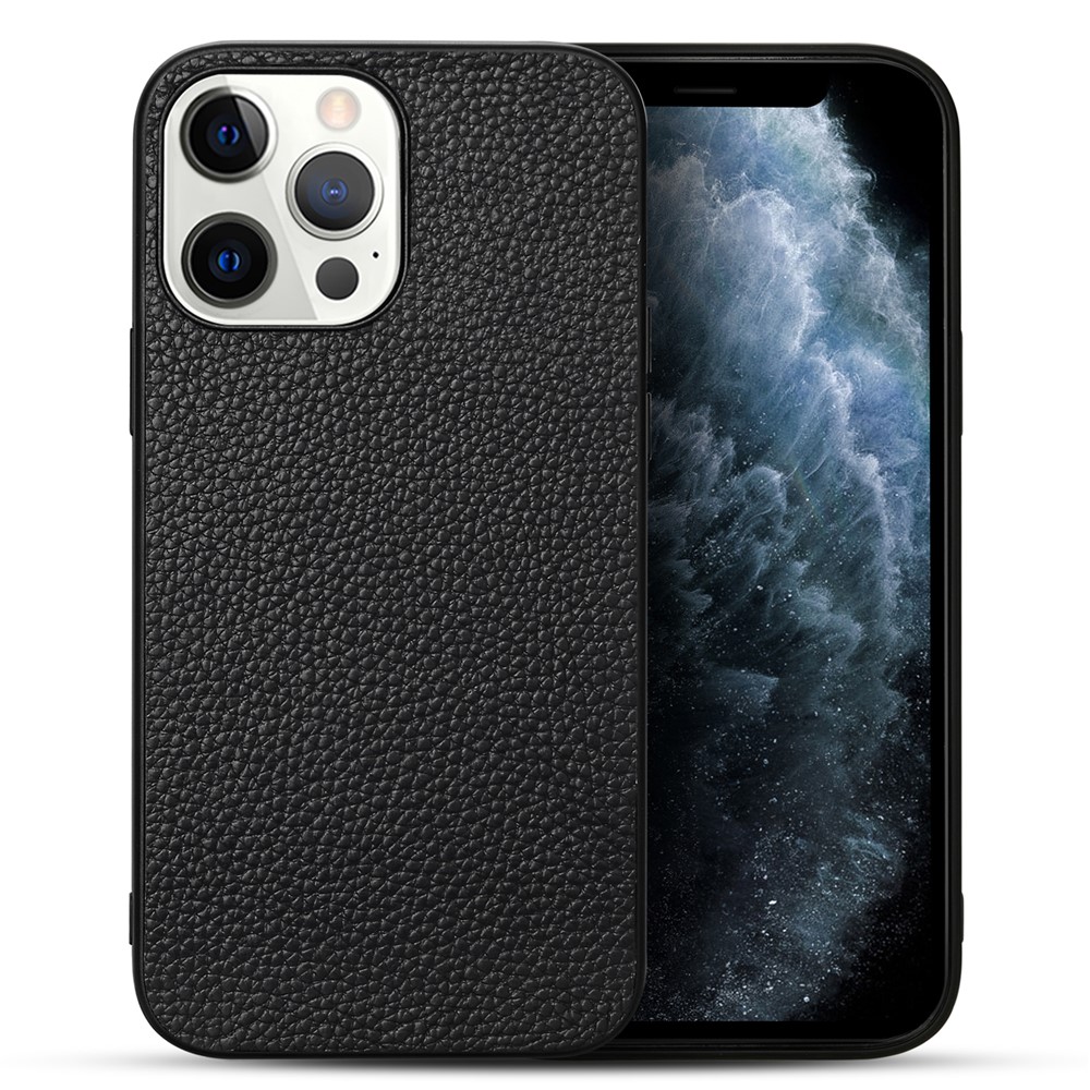 Drop-proof Litchi Texture Genuine Leather + TPU Case Cellphone Shell for iPhone 13 Pro Max 6.7 inch - Black-2