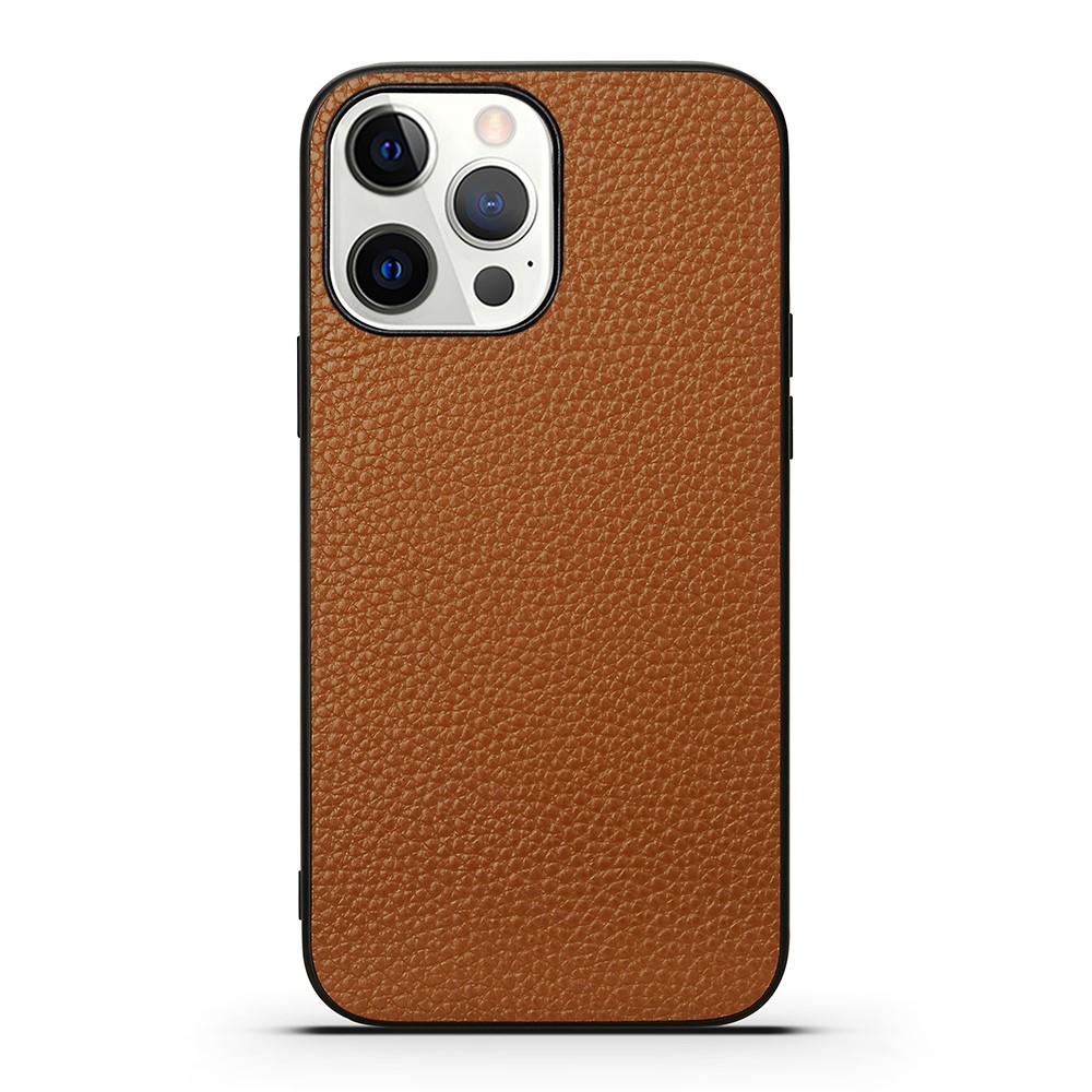 Shock Absorption Litchi Texture Genuine Leather + TPU Phone Case for iPhone 13 Pro 6.1 inch - Brown-1