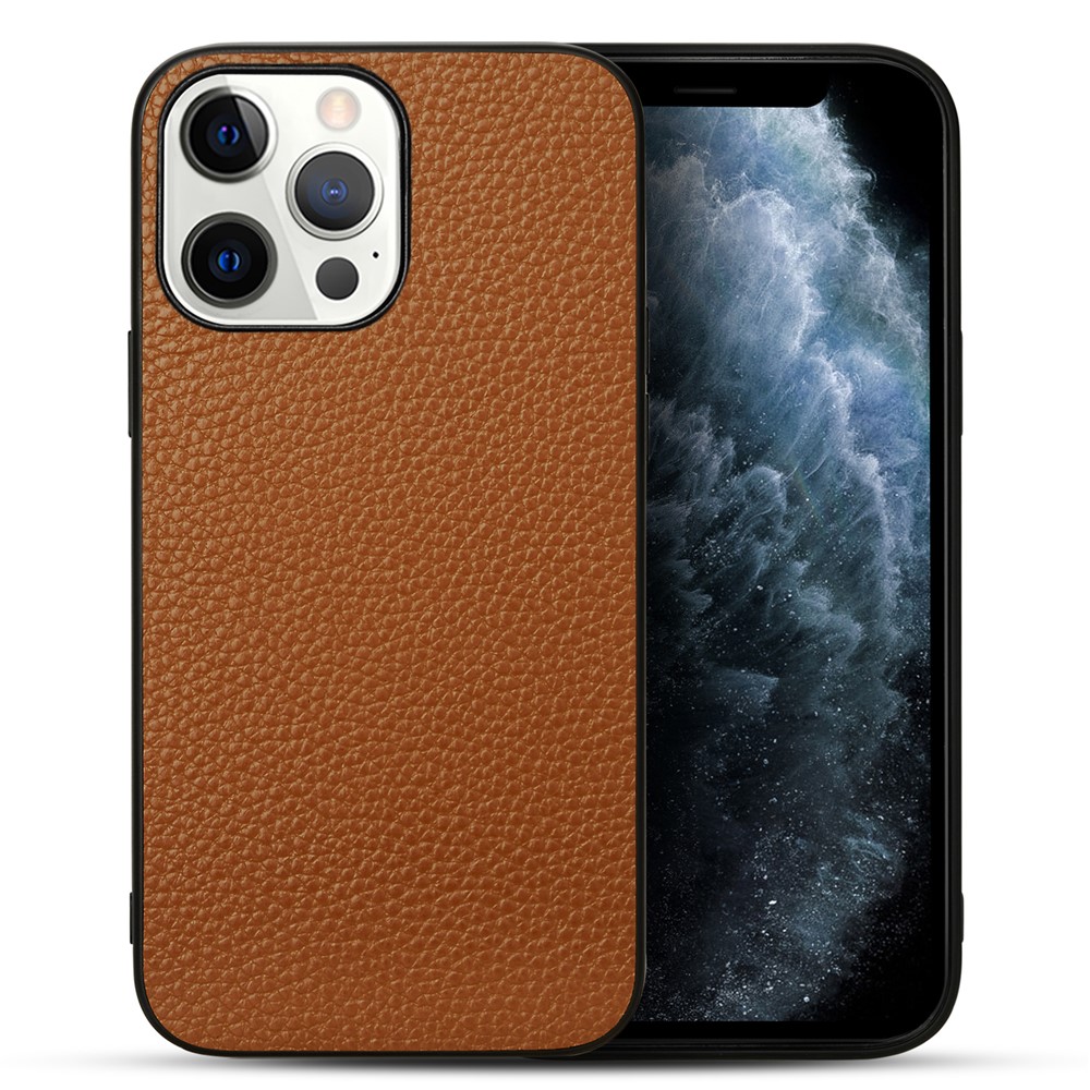 Shock Absorption Litchi Texture Genuine Leather + TPU Phone Case for iPhone 13 Pro 6.1 inch - Brown-2