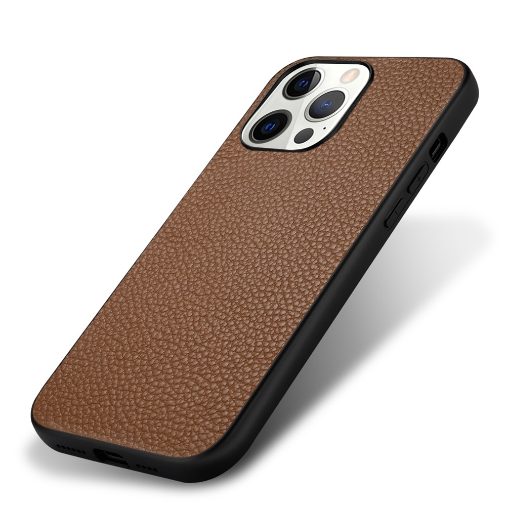 Shock Absorption Litchi Texture Genuine Leather + TPU Phone Case for iPhone 13 Pro 6.1 inch - Brown-3