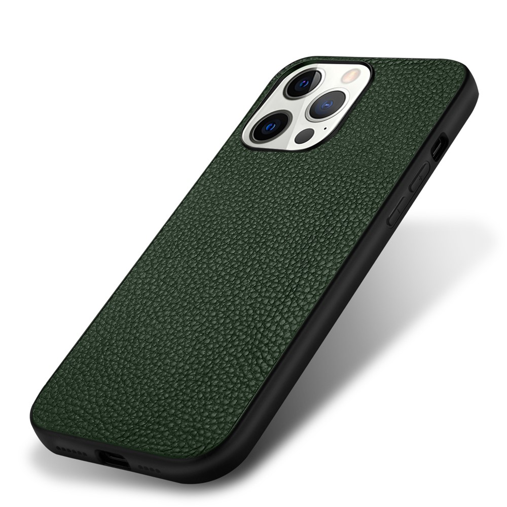 Shock Absorption Litchi Texture Genuine Leather + TPU Phone Case for iPhone 13 Pro 6.1 inch - Green-2