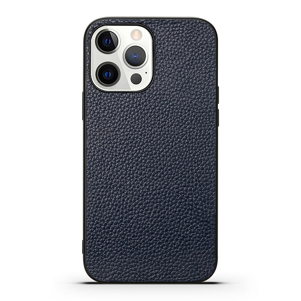 Shock Absorption Litchi Texture Genuine Leather + TPU Phone Case for iPhone 13 Pro 6.1 inch - Blue-1